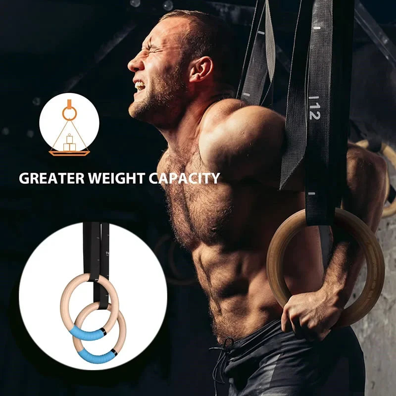 Wood Gymnastics Rings with Adjustable Straps (1 Pair) - Home Fitness Pull-Up Strength Training for Kids & Adults - Image 8